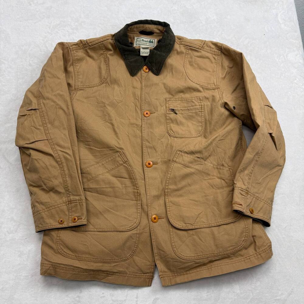 L.L. Bean Field Coat Men's Tan Jacket Size L Cotton Canvas Corduroy Collar